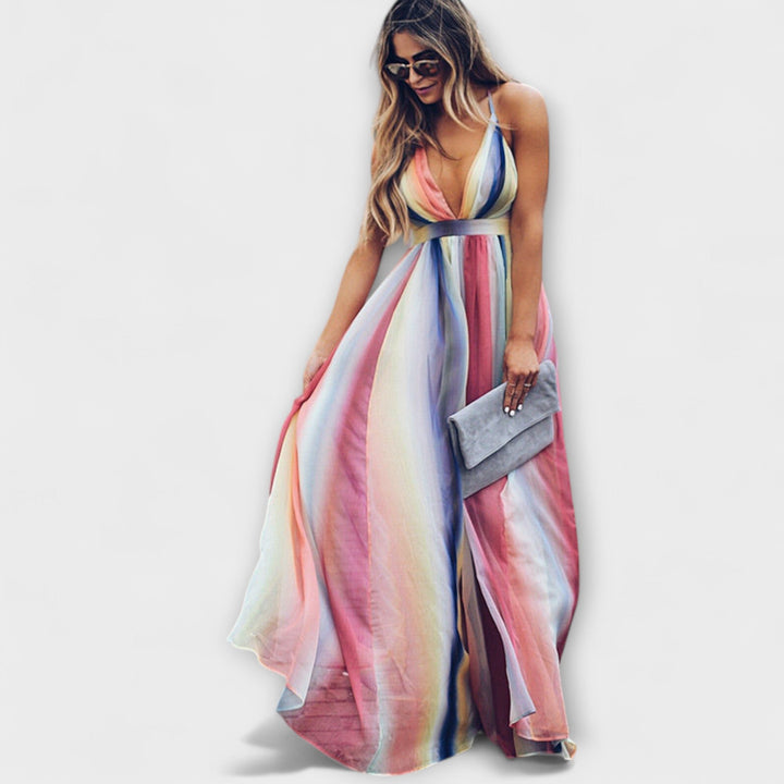 Bárbara | Vestido maxi de rayas multicolor