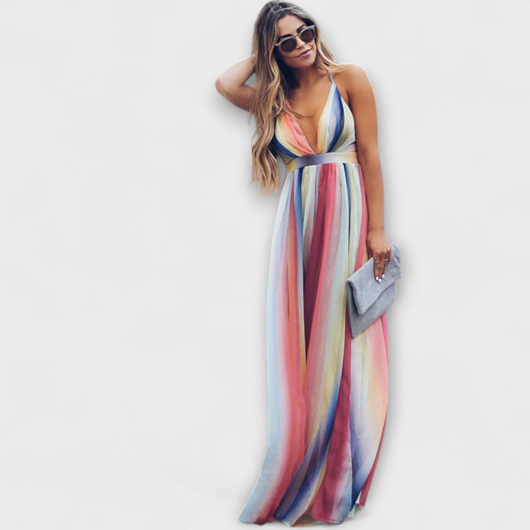 Bárbara | Vestido maxi de rayas multicolor