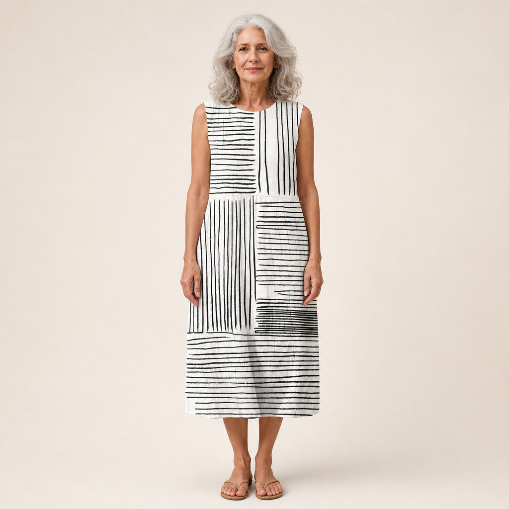 Itziar | Vestido midi sin mangas con líneas en blanco y negro