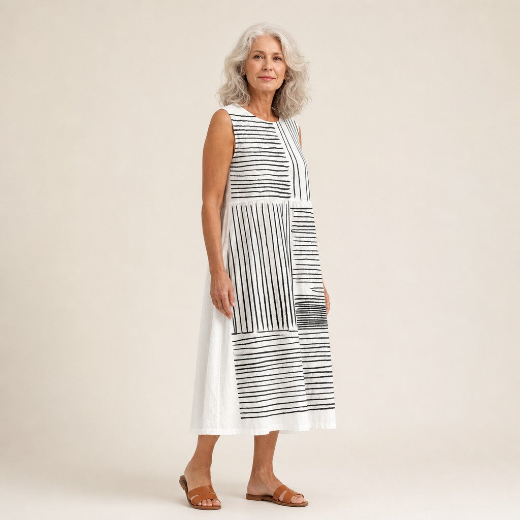 Itziar | Vestido midi sin mangas con líneas en blanco y negro