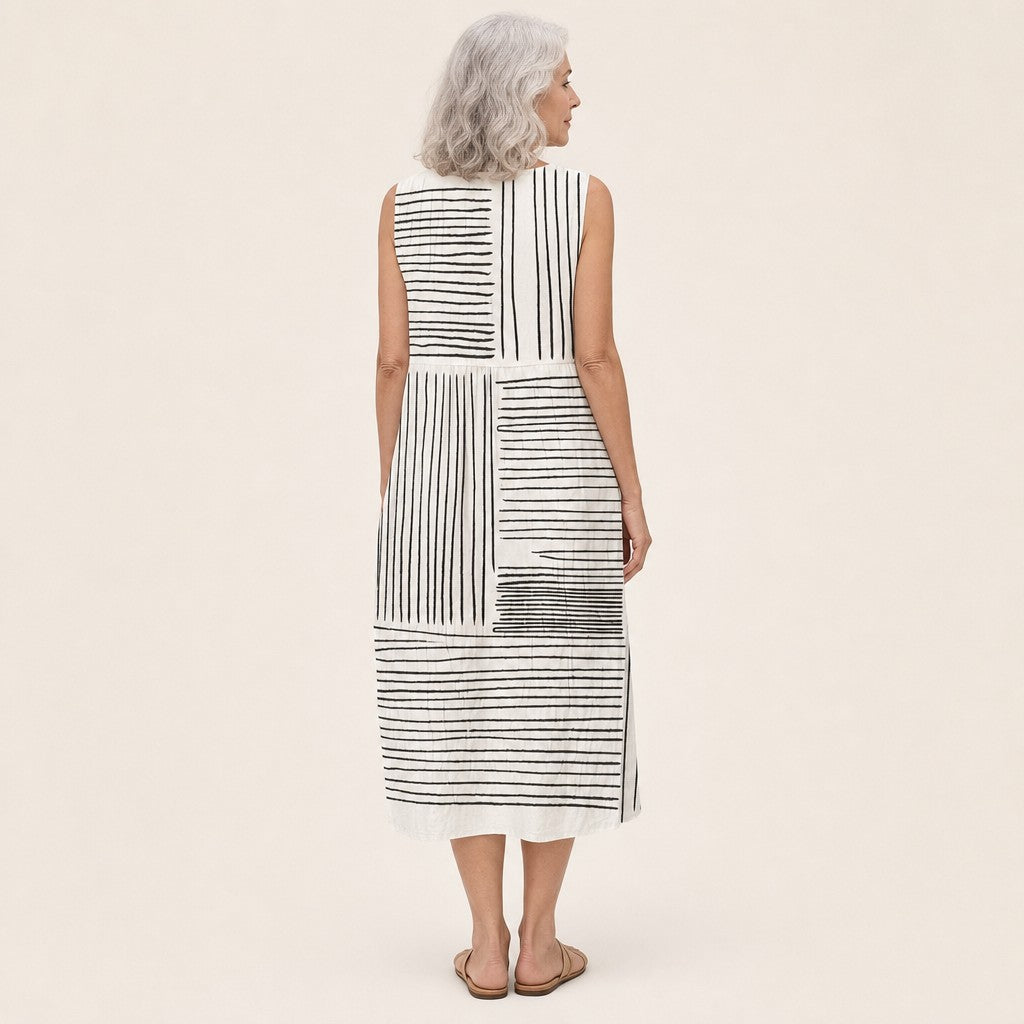 Itziar | Vestido midi sin mangas con líneas en blanco y negro