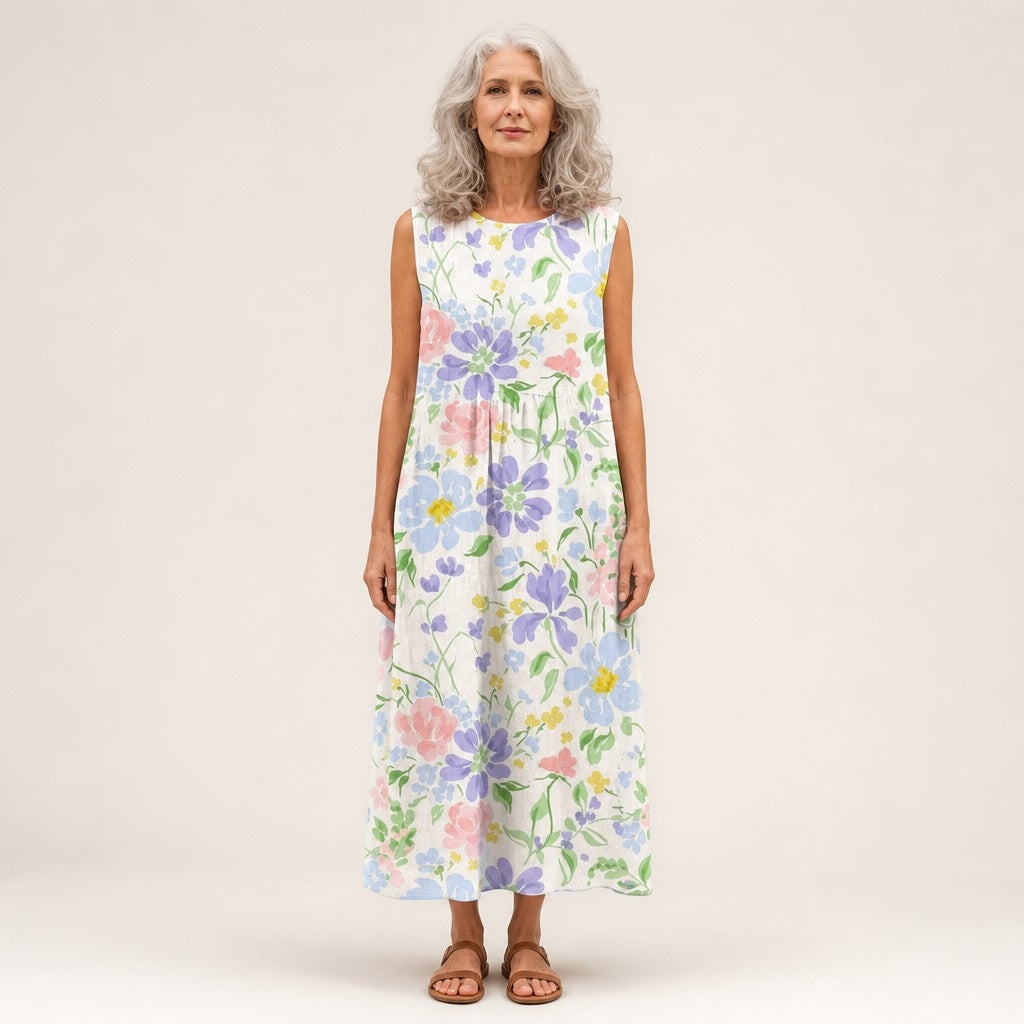 Carla | Vestido midi sin mangas con flores de jardín