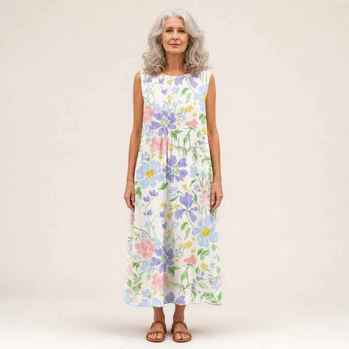 Carla | Vestido midi sin mangas con flores de jardín