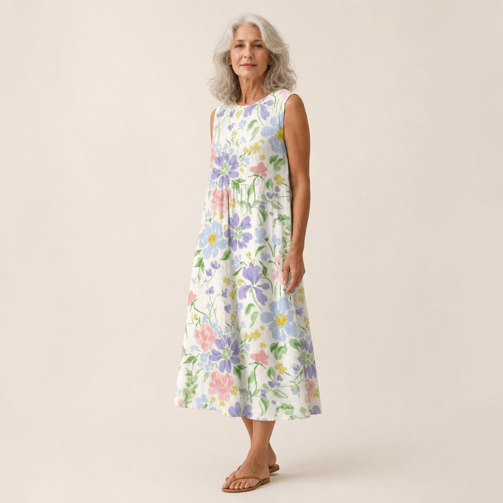 Carla | Vestido midi sin mangas con flores de jardín