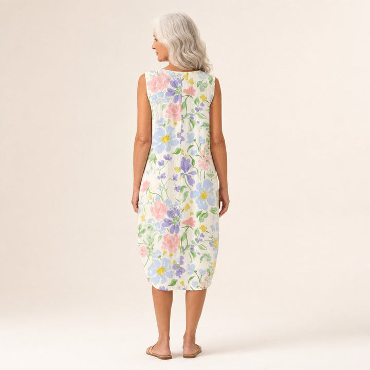 Carla | Vestido midi sin mangas con flores de jardín
