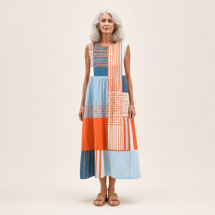 Antonia | Vestido midi sin mangas con rayas y cuadros en naranja y azul