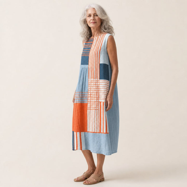 Antonia | Vestido midi sin mangas con rayas y cuadros en naranja y azul