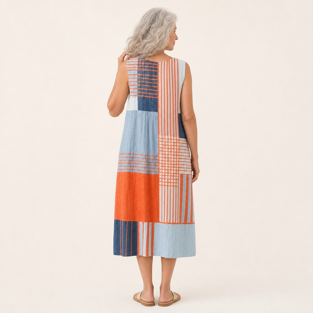 Antonia | Vestido midi sin mangas con rayas y cuadros en naranja y azul