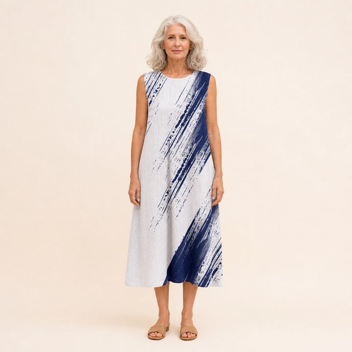 Carlota | Vestido midi sin mangas con pinceladas azul oscuro