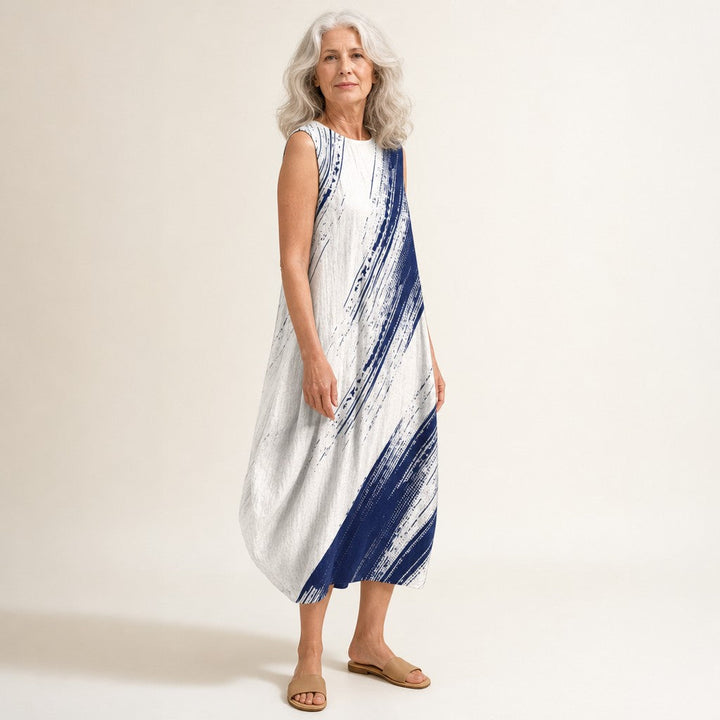 Carlota | Vestido midi sin mangas con pinceladas azul oscuro