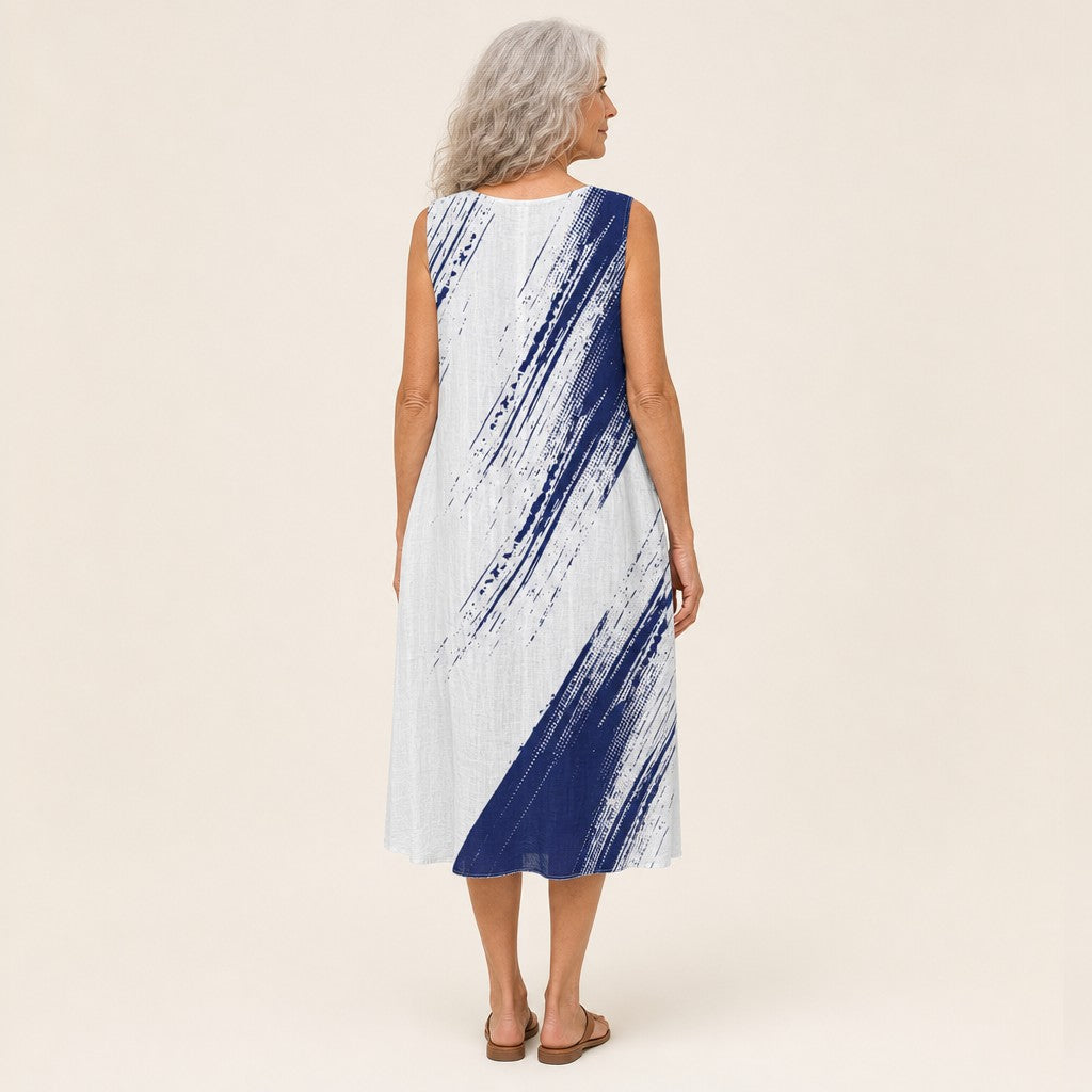 Carlota | Vestido midi sin mangas con pinceladas azul oscuro