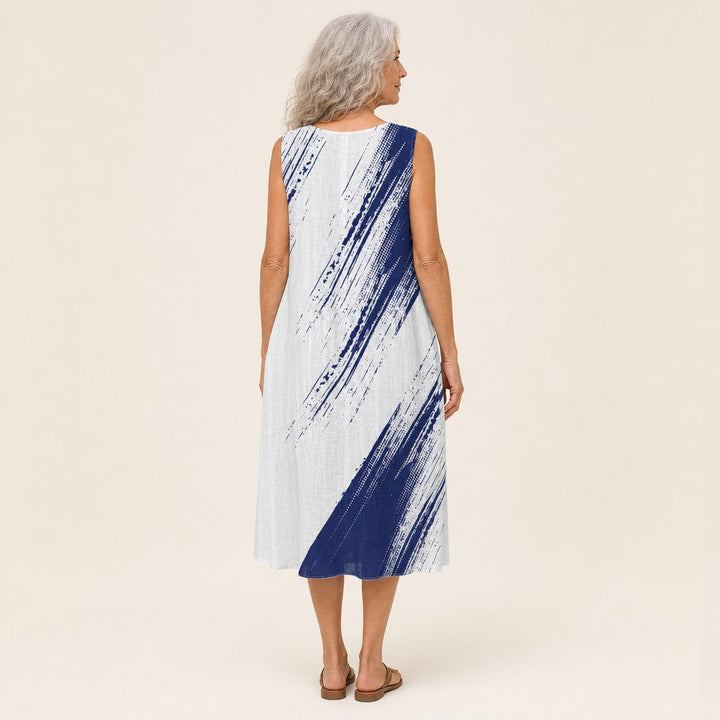 Carlota | Vestido midi sin mangas con pinceladas azul oscuro