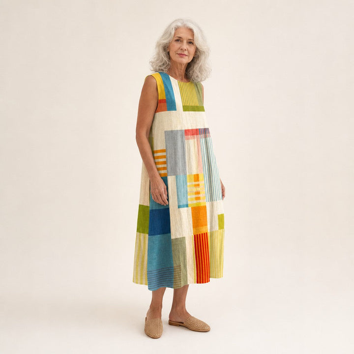 Lorena | Vestido midi sin mangas con planos de color