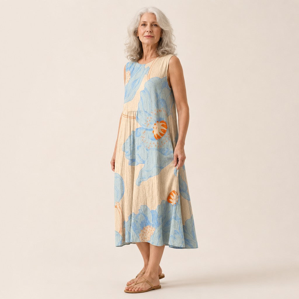 Daniela | Vestido midi sin mangas con flores azules sobre crema