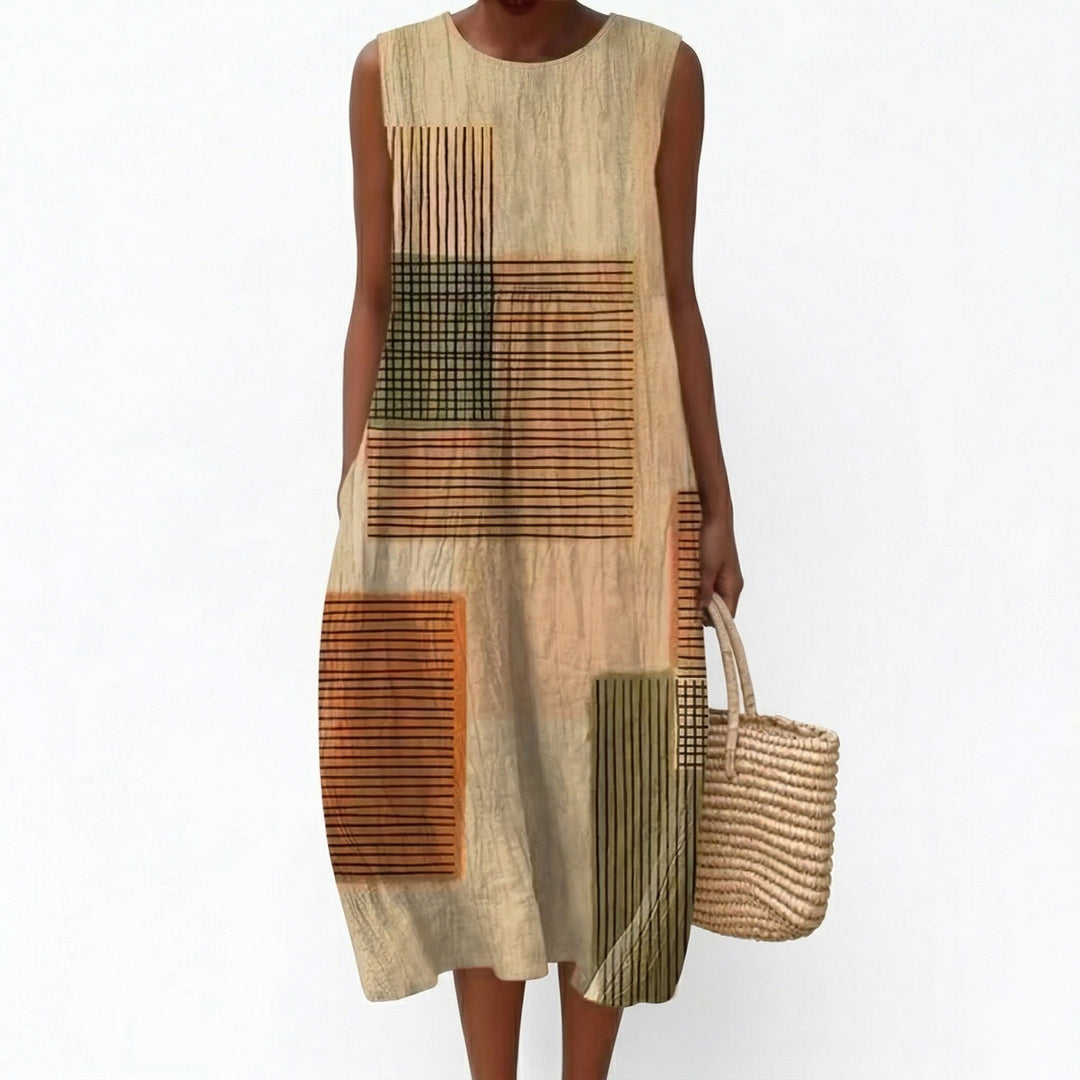 Marta | Vestido midi sin mangas con patchwork en tonos tierra