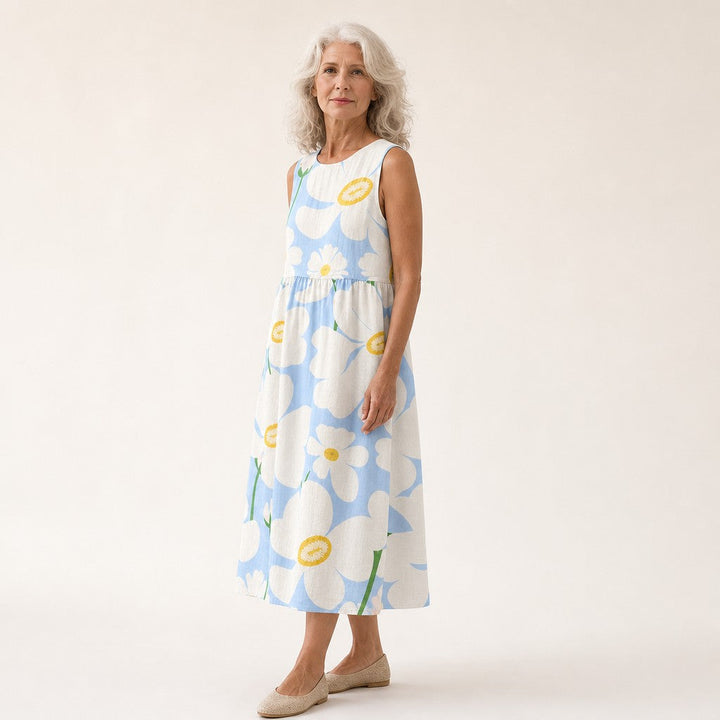 Adriana | Vestido midi sin mangas con flores blancas sobre azul claro