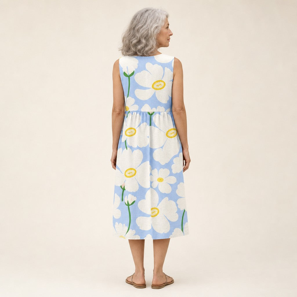 Adriana | Vestido midi sin mangas con flores blancas sobre azul claro