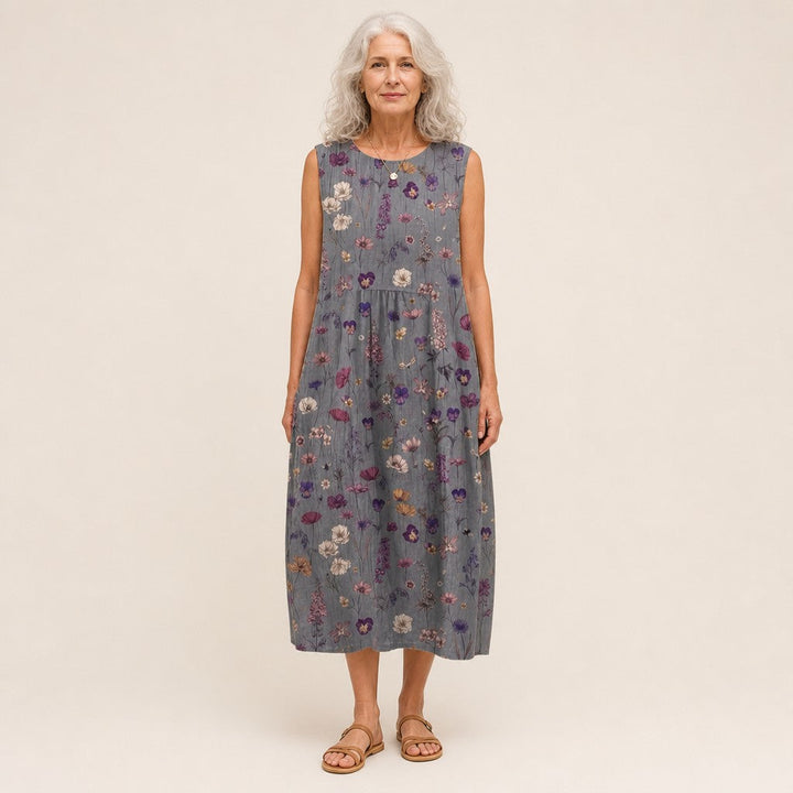 Gloria | Vestido midi sin mangas con florecillas sobre gris