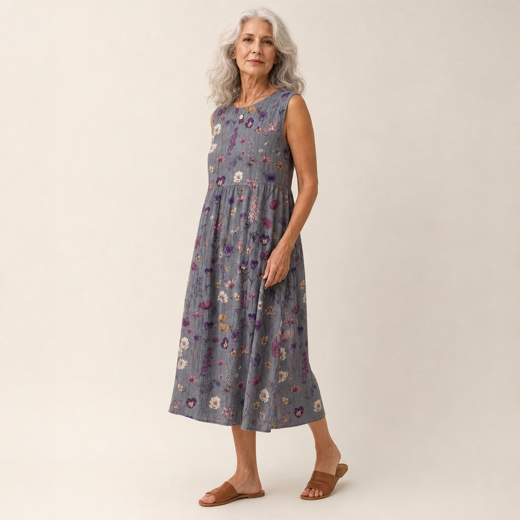 Gloria | Vestido midi sin mangas con florecillas sobre gris