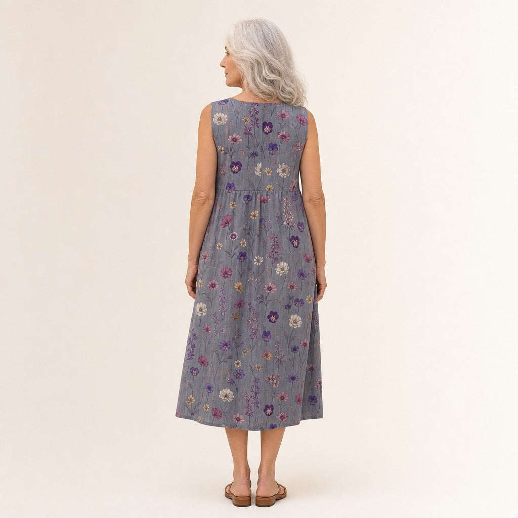 Gloria | Vestido midi sin mangas con florecillas sobre gris