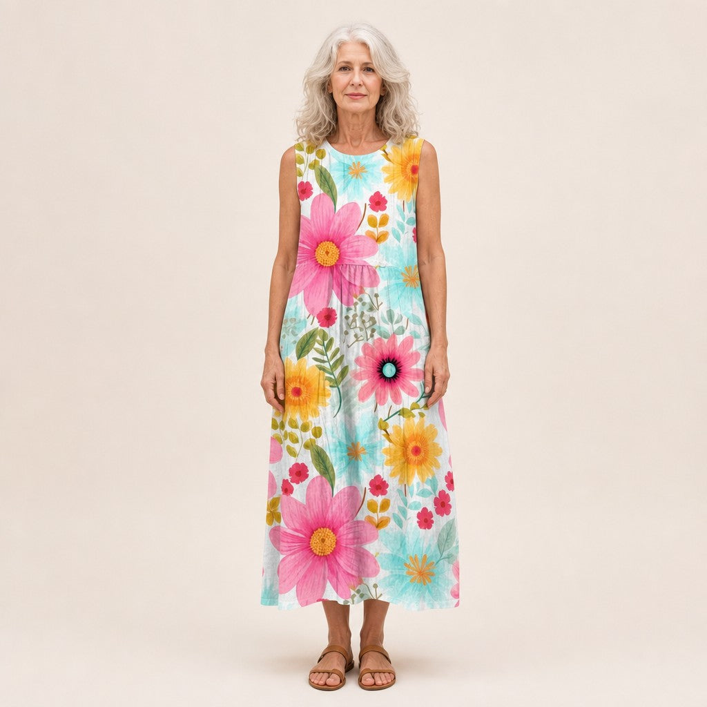 Andrea | Vestido midi sin mangas con margaritas grandes