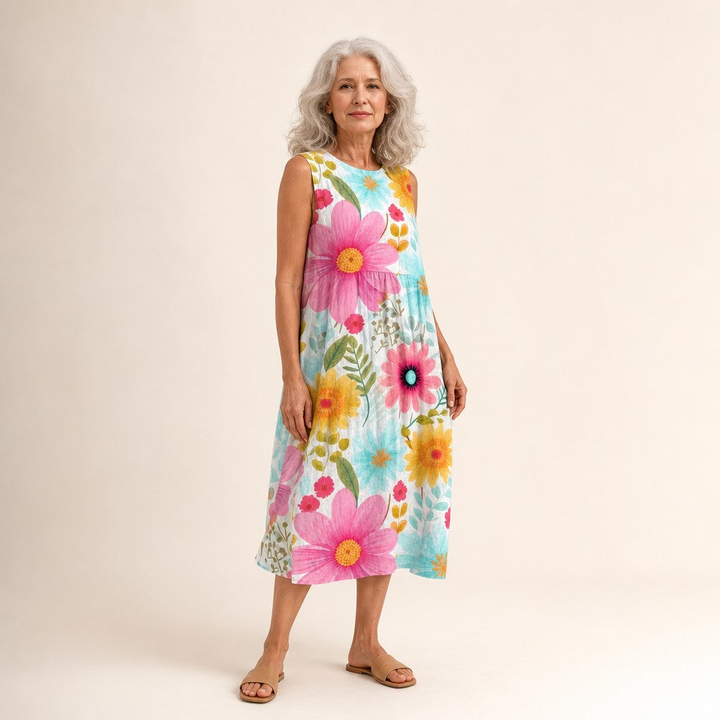 Andrea | Vestido midi sin mangas con margaritas grandes