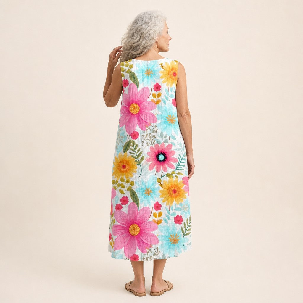 Andrea | Vestido midi sin mangas con margaritas grandes