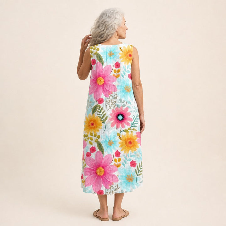 Andrea | Vestido midi sin mangas con margaritas grandes