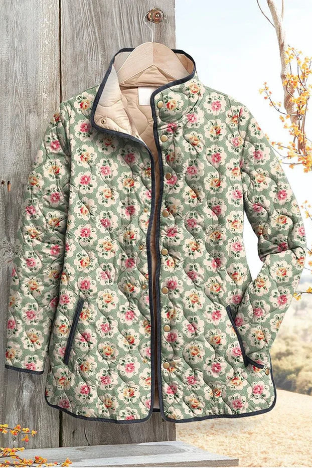 Manuela | Chaqueta acolchada verde menta con fino estampado de rosas