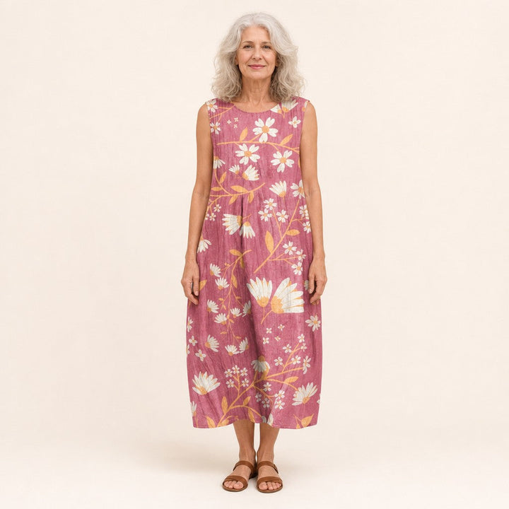 Águeda | Vestido midi sin mangas con ramas floridas sobre rosa palo