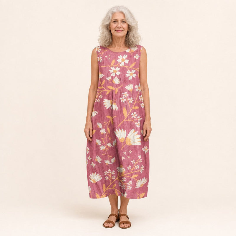 Águeda | Vestido midi sin mangas con ramas floridas sobre rosa palo