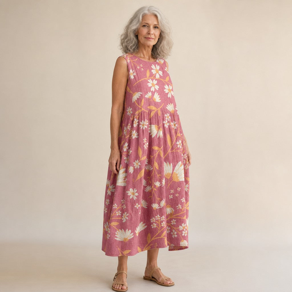 Águeda | Vestido midi sin mangas con ramas floridas sobre rosa palo