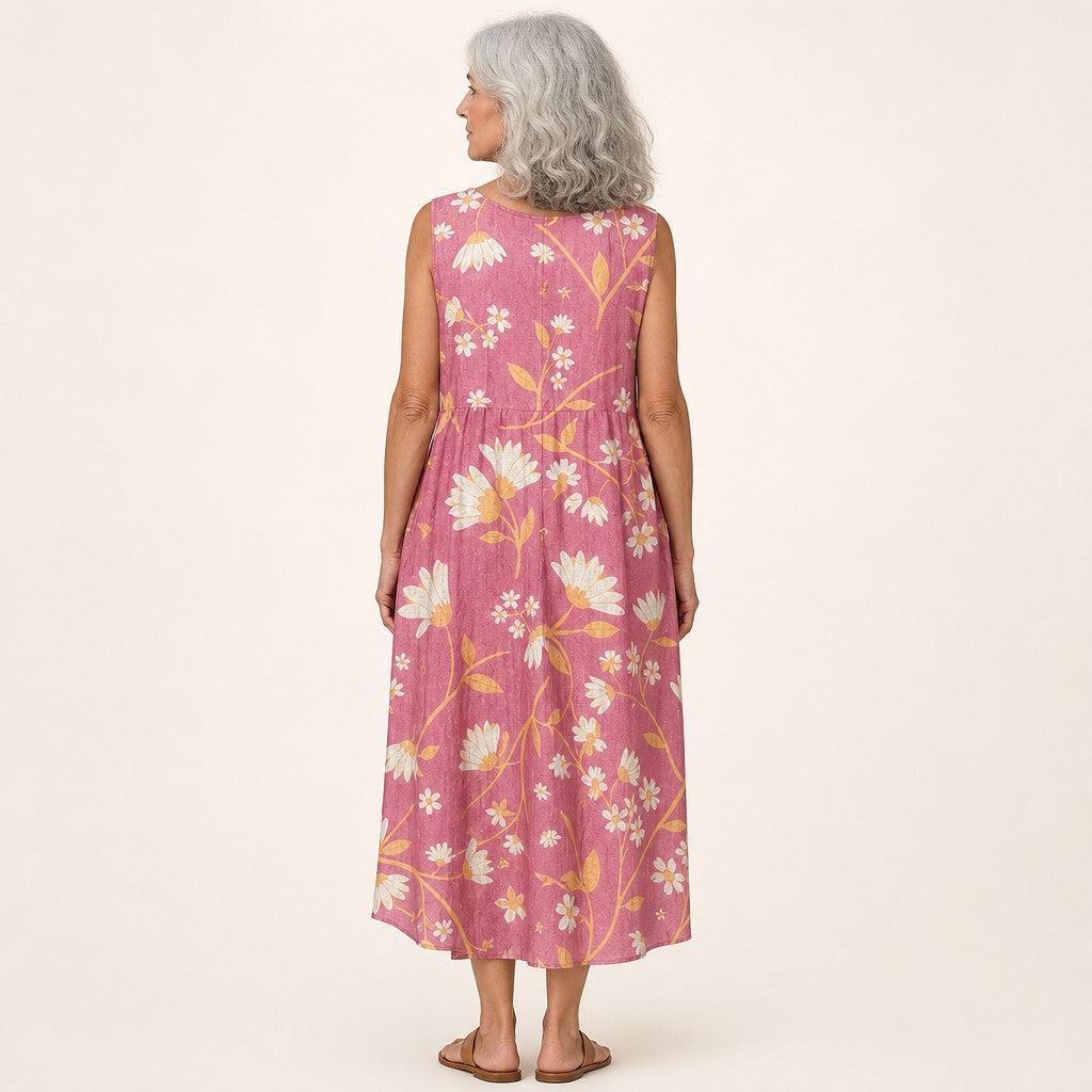Águeda | Vestido midi sin mangas con ramas floridas sobre rosa palo