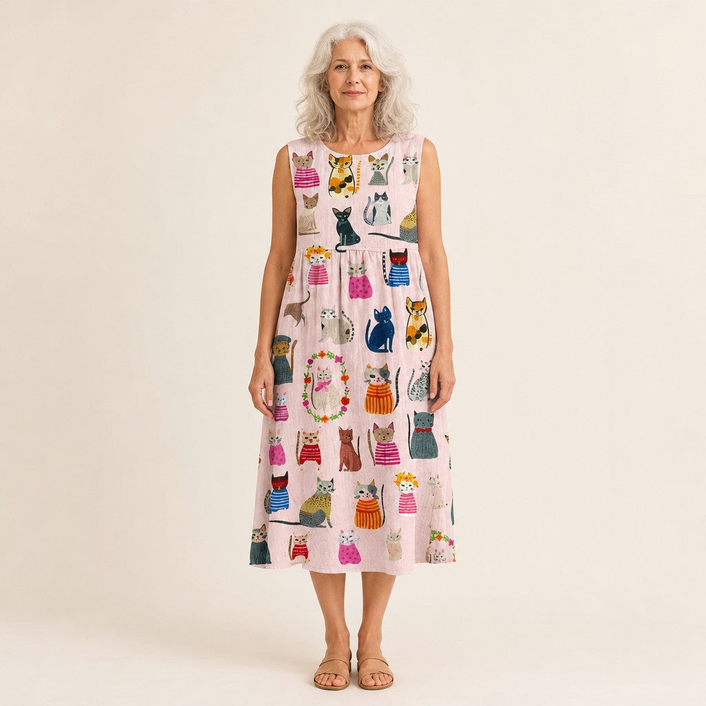 Claudia | Vestido midi sin mangas con estampado de gatos