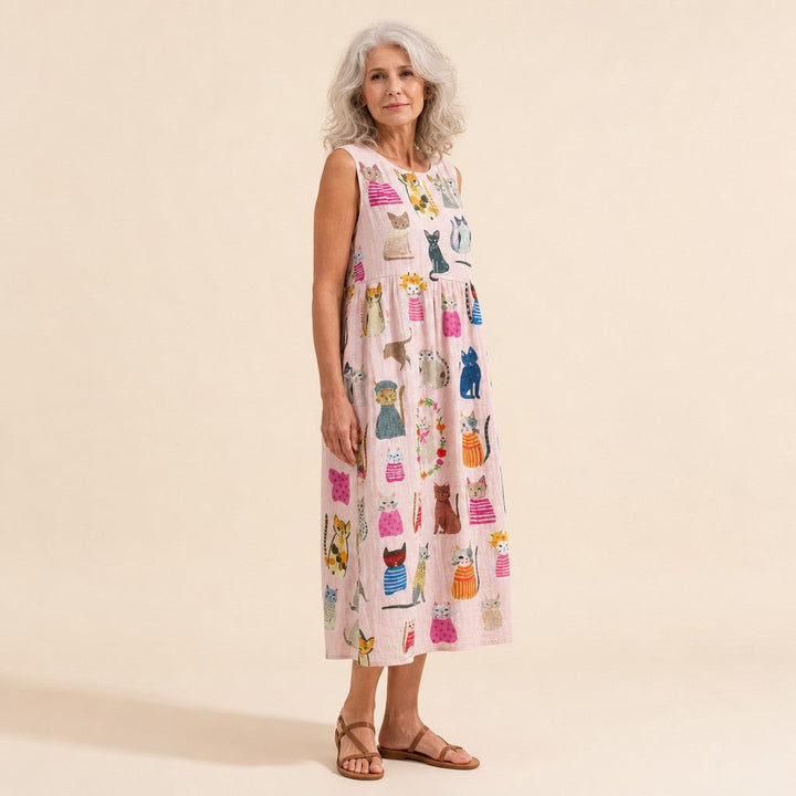 Claudia | Vestido midi sin mangas con estampado de gatos