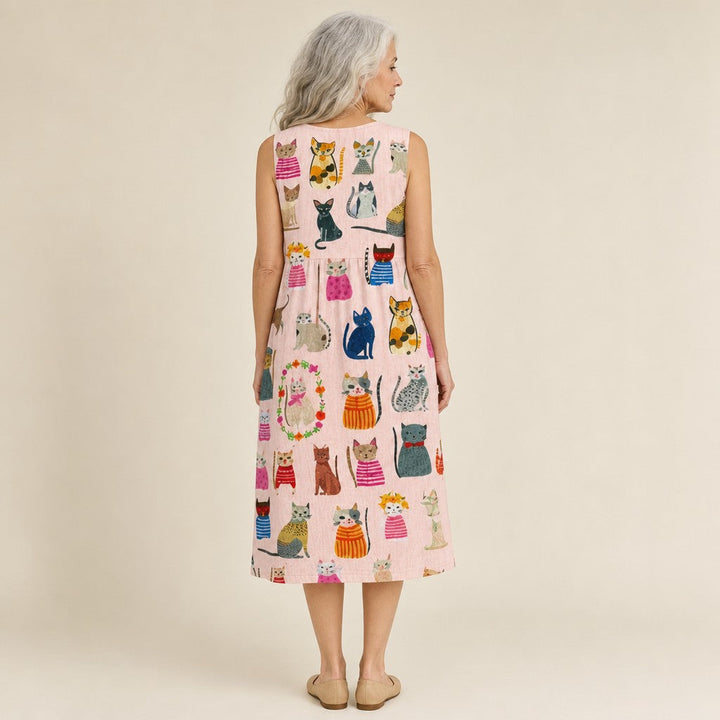 Claudia | Vestido midi sin mangas con estampado de gatos