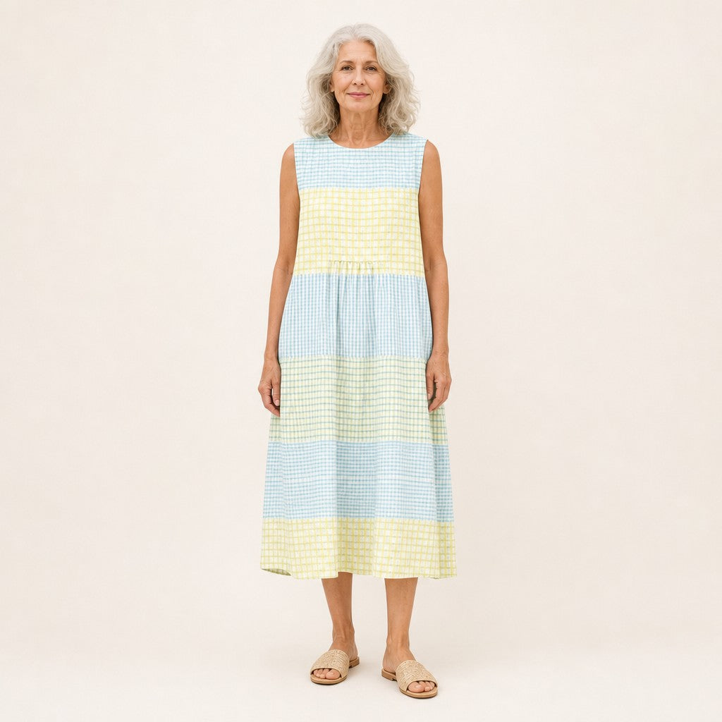 Blanca | Vestido midi sin mangas con cuadros vichy en bandas