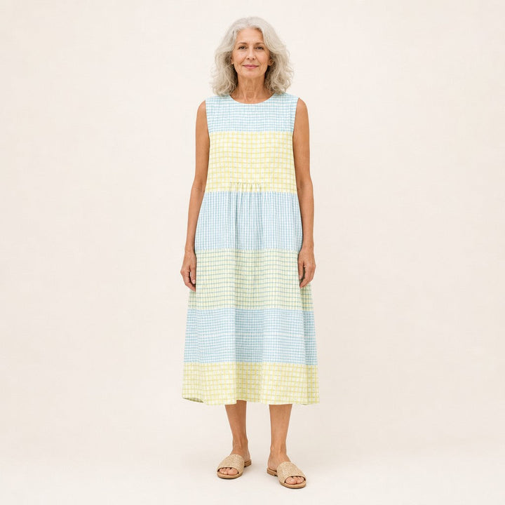 Blanca | Vestido midi sin mangas con cuadros vichy en bandas