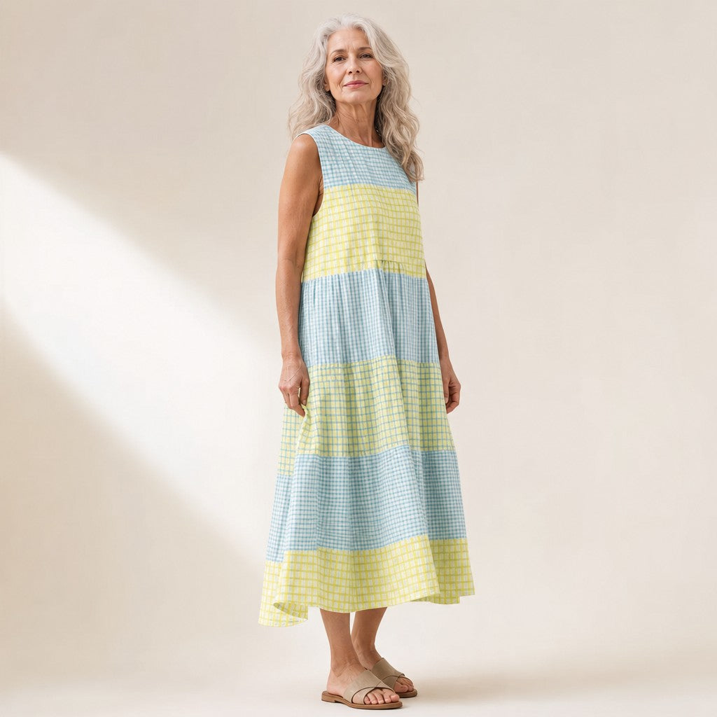 Blanca | Vestido midi sin mangas con cuadros vichy en bandas