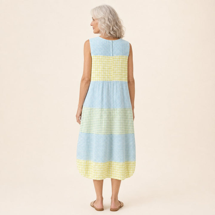 Blanca | Vestido midi sin mangas con cuadros vichy en bandas