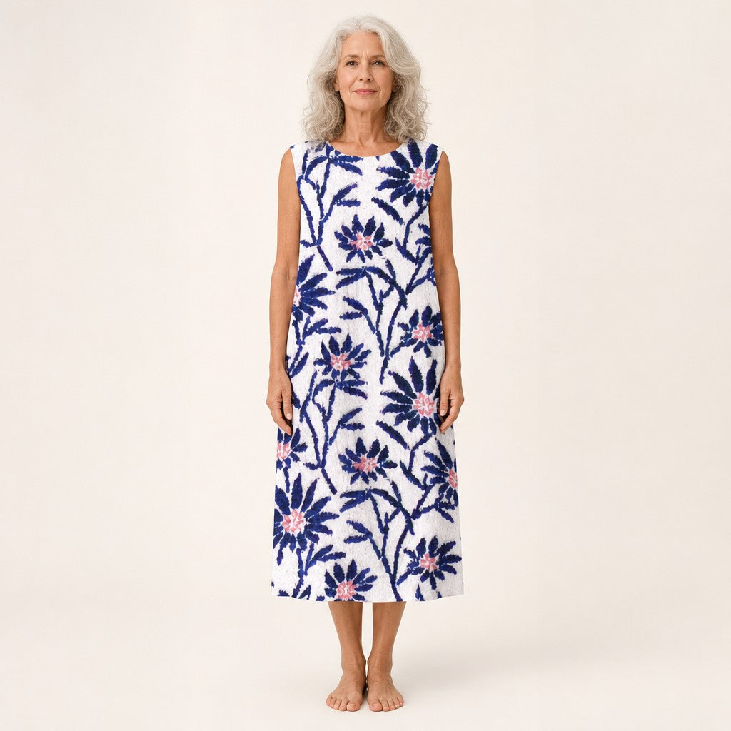 Araceli | Vestido midi sin mangas con ramas azules sobre blanco