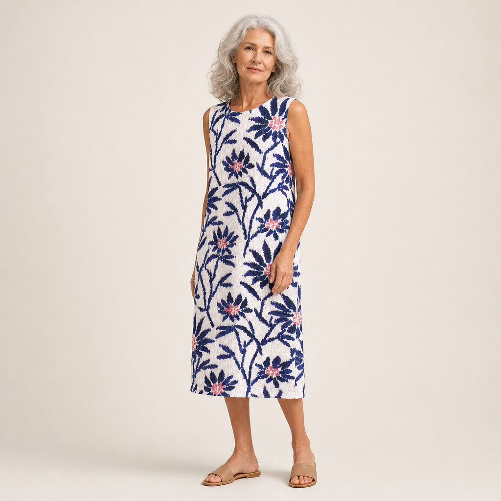 Araceli | Vestido midi sin mangas con ramas azules sobre blanco