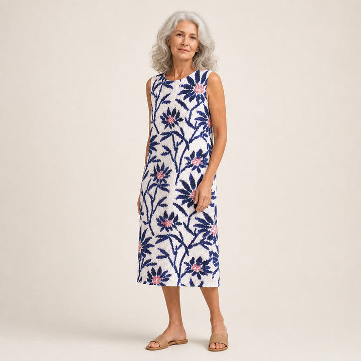 Araceli | Vestido midi sin mangas con ramas azules sobre blanco