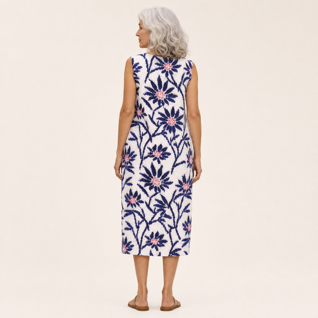 Araceli | Vestido midi sin mangas con ramas azules sobre blanco