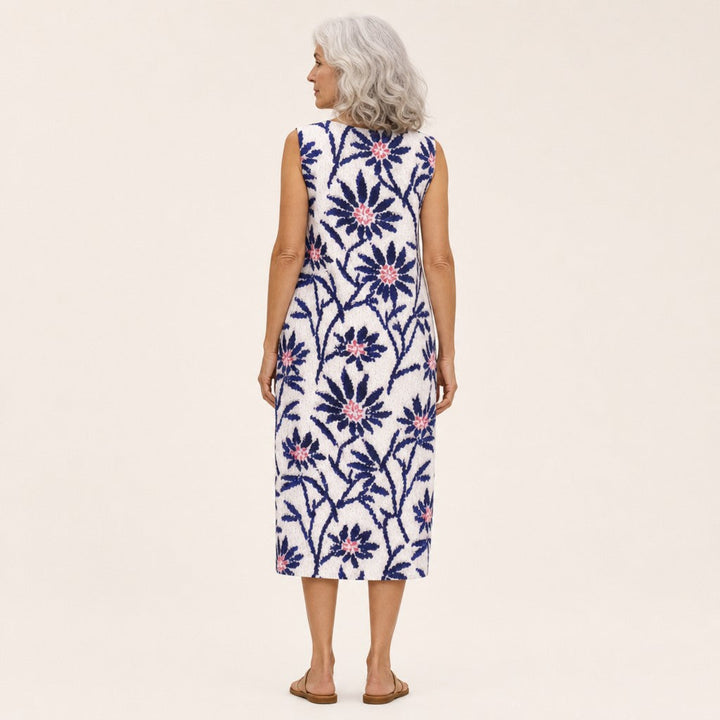 Araceli | Vestido midi sin mangas con ramas azules sobre blanco