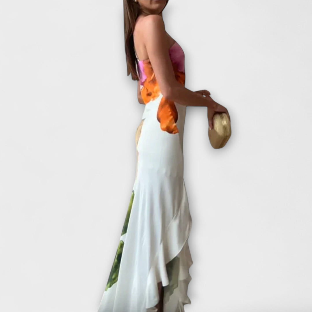 Eva | Vestido maxi con patchwork y pliegues