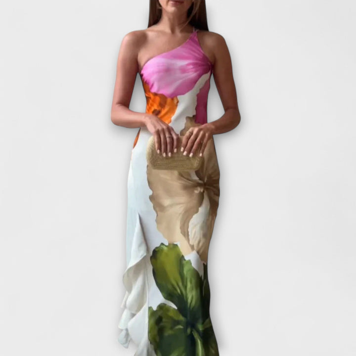 Eva | Vestido maxi con patchwork y pliegues