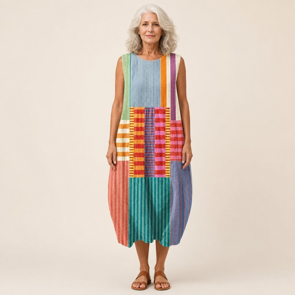 Estela | Vestido midi sin mangas con patchwork de rayas