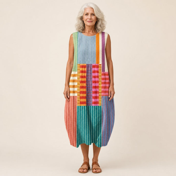 Estela | Vestido midi sin mangas con patchwork de rayas