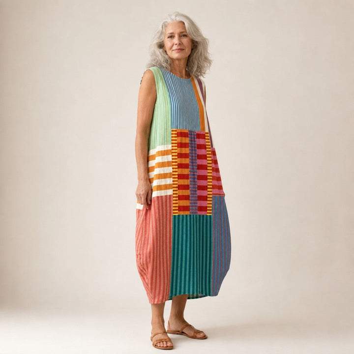 Estela | Vestido midi sin mangas con patchwork de rayas
